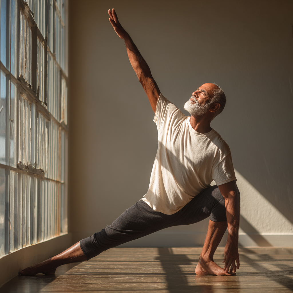 55 years old instructor demonstrating gentle yoga poses in natural light