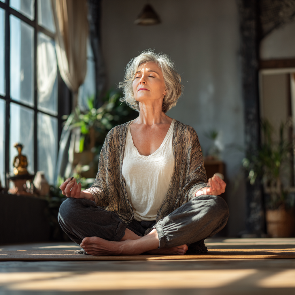 55 years old woman practicing peaceful yoga meditation in serene studio environment