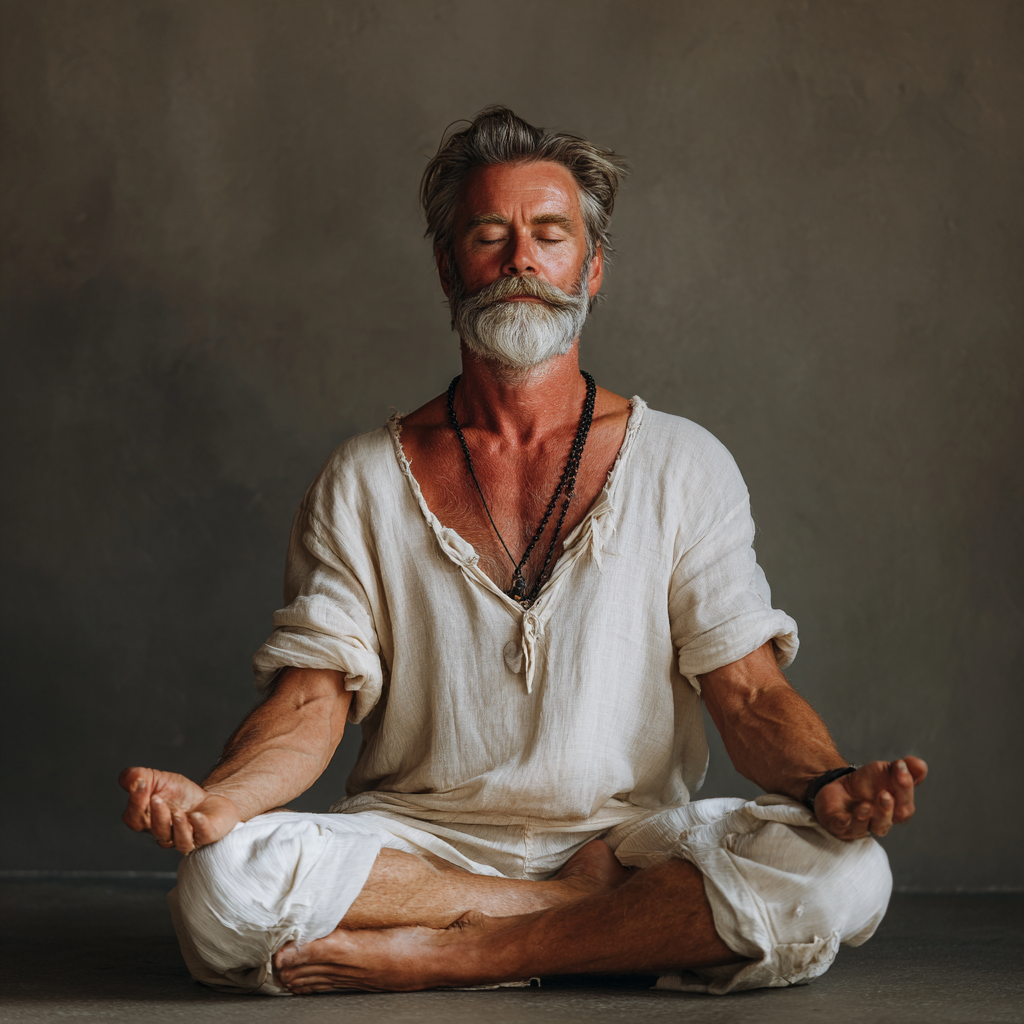 55 years old yoga instructor in meditation pose