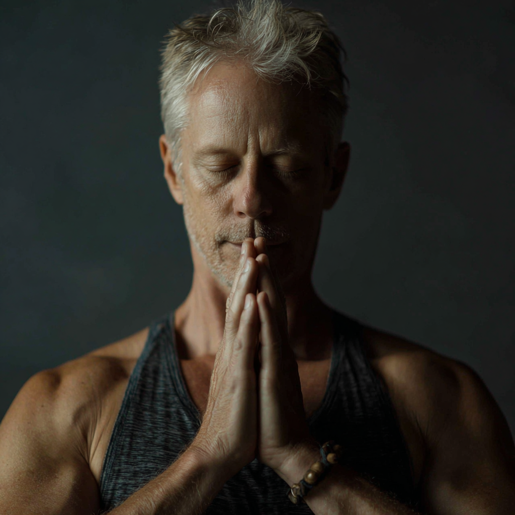 55 years old yoga teacher demonstrating breathing techniques